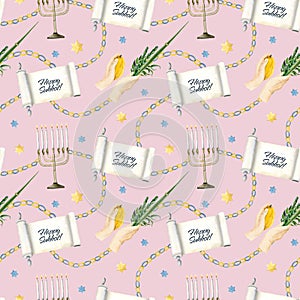 Pastel pink Sukkot seamless pattern with watercolor Torah scroll and greetings, waving the Lulav, Etrog, stars of David
