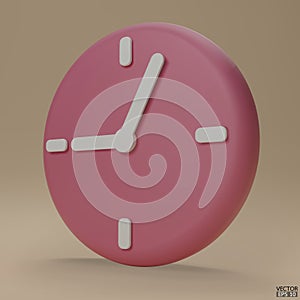 Pastel pink watch isolated on beige background. 3D Round clock icon. Cartoon minimal style.Time-keeping, measurement of time, and