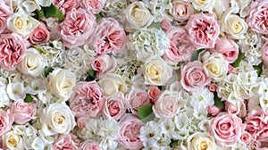 pastel pink and white roses, creating a wall of flowers that serves as an enchanting backdrop for wedding ceremonies or