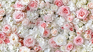 pastel pink and white roses, creating a wall of flowers that serves as an enchanting backdrop for wedding ceremonies or