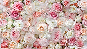 pastel pink and white roses, creating a wall of flowers that serves as an enchanting backdrop for wedding ceremonies or