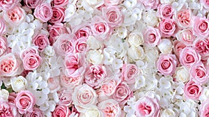 pastel pink and white roses, creating a wall of flowers that serves as an enchanting backdrop for wedding ceremonies or