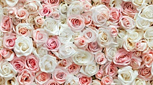 pastel pink and white roses, creating a wall of flowers that serves as an enchanting backdrop for wedding ceremonies or