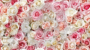 pastel pink and white roses, creating a wall of flowers that serves as an enchanting backdrop for wedding ceremonies or