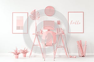 Pastel pink workspace white interior