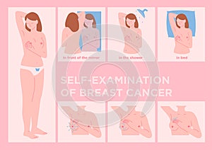 Pastel poster with self-examination of breast cancer with draw woman