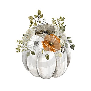 Pastel pumpkin with rust and burnt orange flowers and leaves. Autumn invitation template. Thanksgiving card design