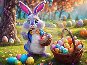 pastel purple bunny with a basket of painted eggs on the meadow