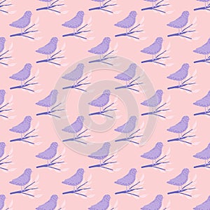 Pastel purple cute bird ornament seamless doodle pattern. Pink background. Animal flying print