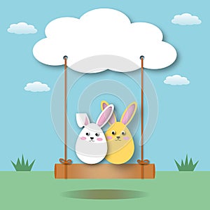 Pastel rabbits like egg shape with swing on blue sky background, Holiday illustration for greeting card of Happy Easterâ€™s Day.