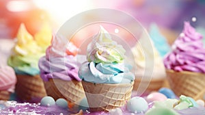 Pastel rainbow color ice cream cones on blue sunny sky background, copy space