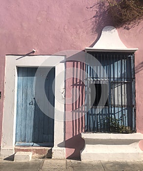 Pastel rainbow doorways in Campeche Mexico