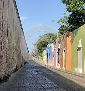 Pastel rainbow doorways in Campeche Mexico