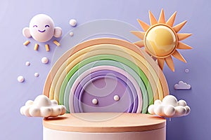 Pastel rainbow, sun, clouds, and platform 3D render