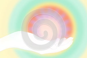 Pastel retro, yellow, green, orange healing energy field in hand, gratitude - grainy gradient background