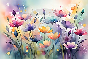 Pastel Reverie: Abstract Watercolor Depicting a Blurry Vision of Flowers, Myriad Hues of Pastels Blending Seamlessly