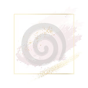 Pastel rose and pink brush strokes and gold lines in rectangle. Gold glitter foil texute contour frame. Antique vintage