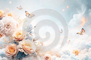 Pastel Roses Butterflies in a Cloud Sky Background