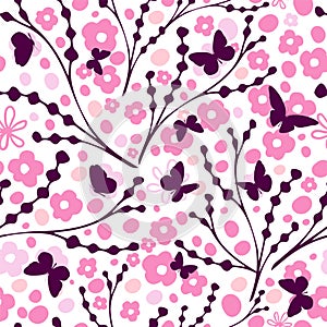 Seamless pattern of simple sakura flowers (cherry blossom) with butterflies. hand drawing. Not AI, Vector