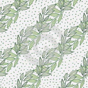 Pastel seamless herbal pattern with outline foliage abstract figures. White dotted background with green contoured leaves