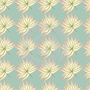 Pastel seamless pattern with exotic leaf silhouettes. Light blue background with pink contoured light yellow elements