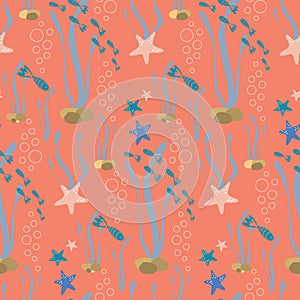 Pastel seamless pattern with fish and starfish for summer background in nuatical style