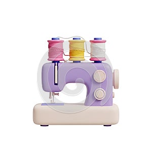 Pastel sewing machine with spools of thread isolated on transparent background