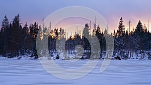 Pastel sky at sunset in winter over a snowy lake in the forest.