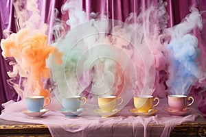 pastel smoke pouring from a set of colorful teacups