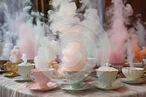 pastel smoke rising from a collection of vintage teacups