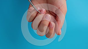 Pastel softness manicured nails on blue background. Woman showing her new manicure in colors of pastel palette