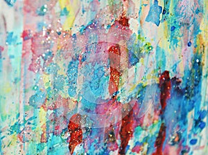 Pastel sparkling red green blue phosphorescent waxy spots, watercolor paint, colorful hues