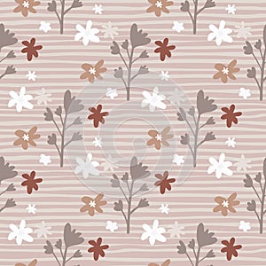 Pastel spring seamless pattern with floral branches and chamomile flowers. Stripped backdrop. Brown, beige, burgundy