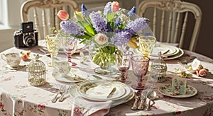 Pastel Spring Table Setting with Floral Arrangement