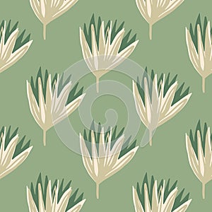 Pastel stylized floral seamless pattern with tulip buds. Flowers in beige tones on soft green background