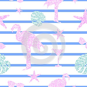 Pastel summer glitter elements seamless pattern. Flamingo, monstera leafs, cocktails and sunglasses. Trendy shiny