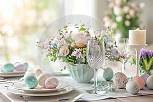 pastel table setting with white plates,candle and glass, spring flowers and Easter eggs in the dining room with a large window,the