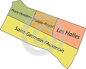 Pastel tagged quarters map of the 1SRT ARONDISSEMENT DU LOUVRE, PARIS photo