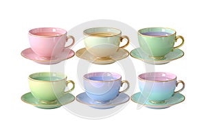 Pastel Tea Cups and Saucers on White Background