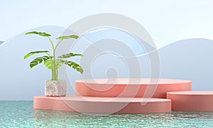 Pastel Template Product stage Mock up Stand Present and Green plant in water for Commercials background 3d rendering.