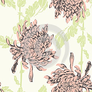 Pastel tone Chinese chrysanthemum Seamless Pattern. Pink  Detailed Chrysanthemum flower Vector design