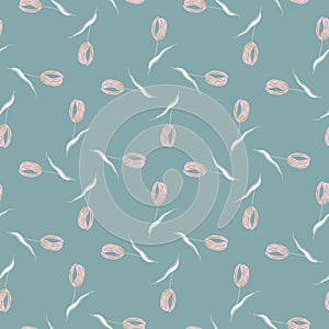 Pastel tones seamless pattern with light pink little tulip flowers ornament. Blue background. Simple style