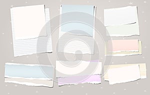 Pastel torn note, notebook paper pieces for text stuck on grey background with stars. Vector illustration.