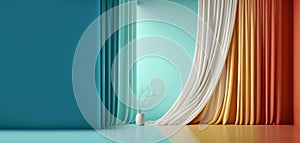 Pastel turquoise blue green empty wall in room with coloured silk curtain drapes. Mock up Template for product presentation