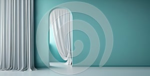 Pastel turquoise blue green empty wall in room with silk curtain drapes. Mock up Template for product presentation