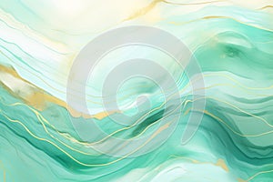Pastel turquoise green mint liquid marble watercolor background with gold lines. Marbled texture effect. Backdrop