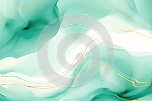 Pastel turquoise green mint liquid marble watercolor background with gold lines. Marbled texture effect. Backdrop