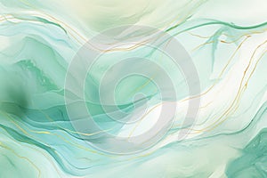 Pastel turquoise green mint liquid marble watercolor background with golden lines. Marbled texture effect. Backdrop
