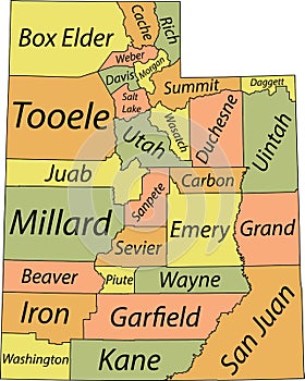 Pastel counties map of Utah, USA