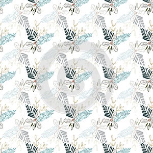 Pastel vector winter Christmas foliage ornaments seamless pattern. Elegant retro doodle style holiday season print background